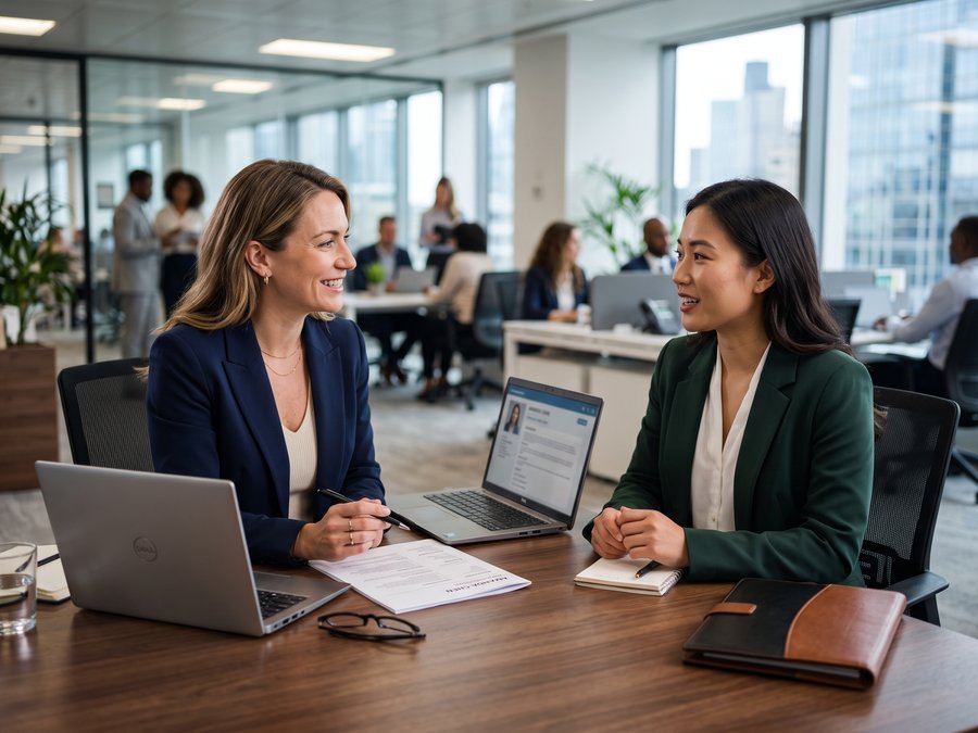 Recruitment consultant reviewing a candidate profile with a client