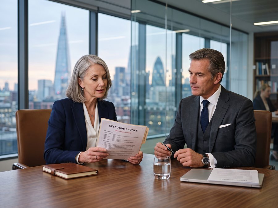 Confidential executive search meeting reviewing a candidate profile